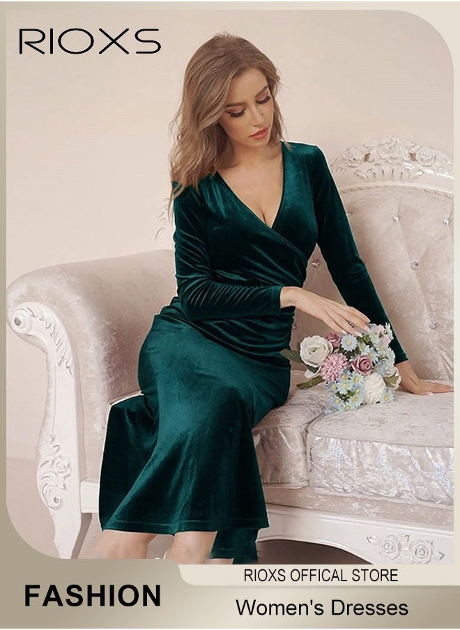 RIOXS Women's Dresses V-neck Wrap Hip Skirt Long Sleeves Bodycon Dresses Elegant Fishtail Dress Evening Dress Party Wedding Maxi Dress For Party Club Night  - Image 1