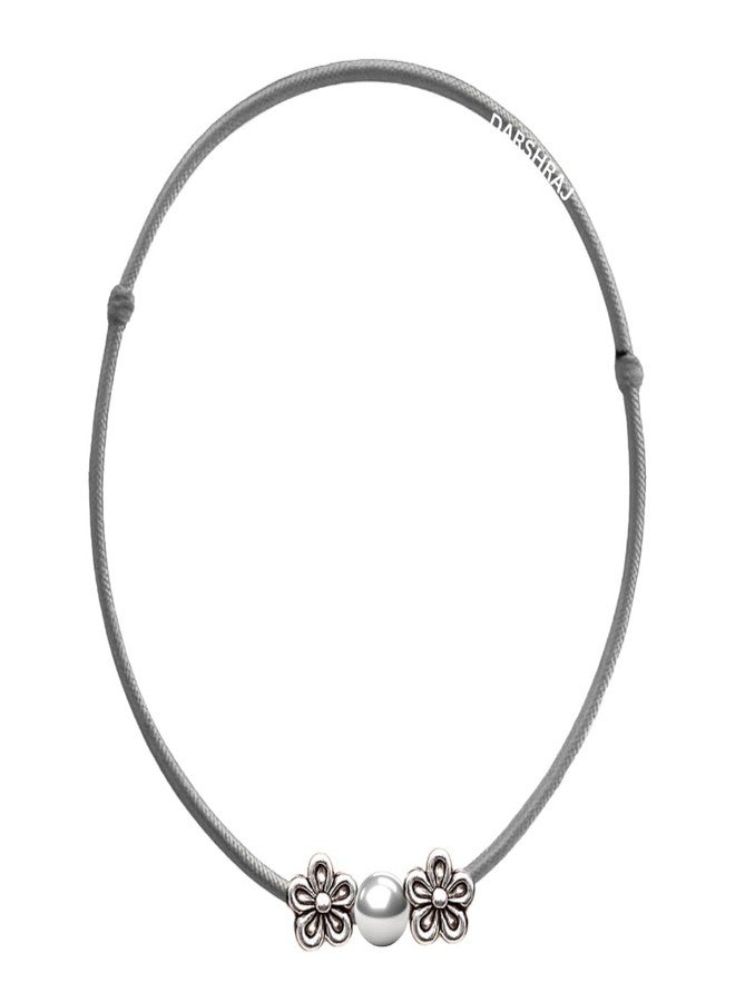 DARSHRAJ Handmade 925 Sterling Silver Anklet with White Thread with Flower & Ball Beads for Women & Girls - Image 1