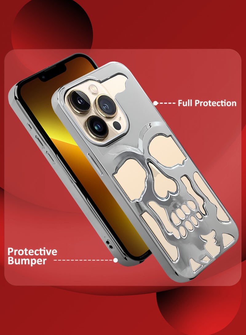 CATANES iPhone 13 Pro Max Case Cover Soft TPU and Glossy with Skull Design - Silver - Image 2
