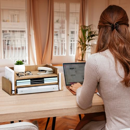 KIRIGEN Wood Desk Organizer 5 Trays - Desktop Document Letter Tray for Folders, Mail,File -Nature 3-Tier Office Mail Sorter Organizer Rack/Telephone Stand/Document Holder Dark Brown(2TP-DBR) - Image 5