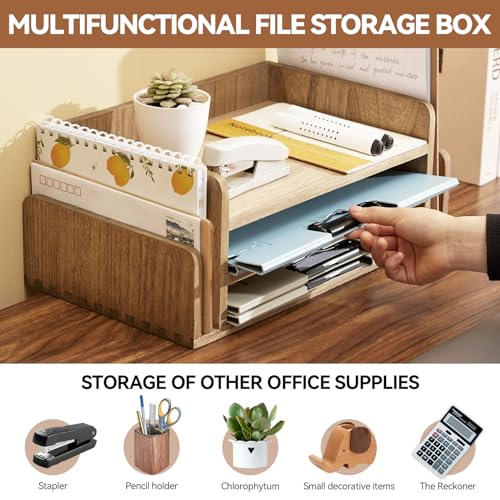 KIRIGEN Wood Desk Organizer 5 Trays - Desktop Document Letter Tray for Folders, Mail,File -Nature 3-Tier Office Mail Sorter Organizer Rack/Telephone Stand/Document Holder Dark Brown(2TP-DBR) - Image 2