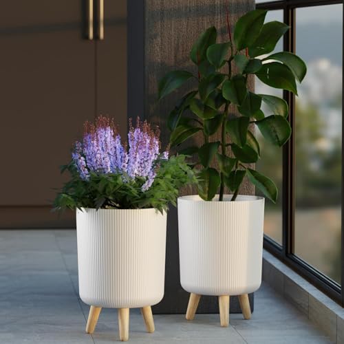 Copelle Modern White Flower Pot with Legs | Big Planter | Indoor Outdoor Planter for Home,Garden, Balcony Decor | Tall, Durable & Lightweight Planter | Italian Ribbed Design Stylex (Pack of 2) - Image 2