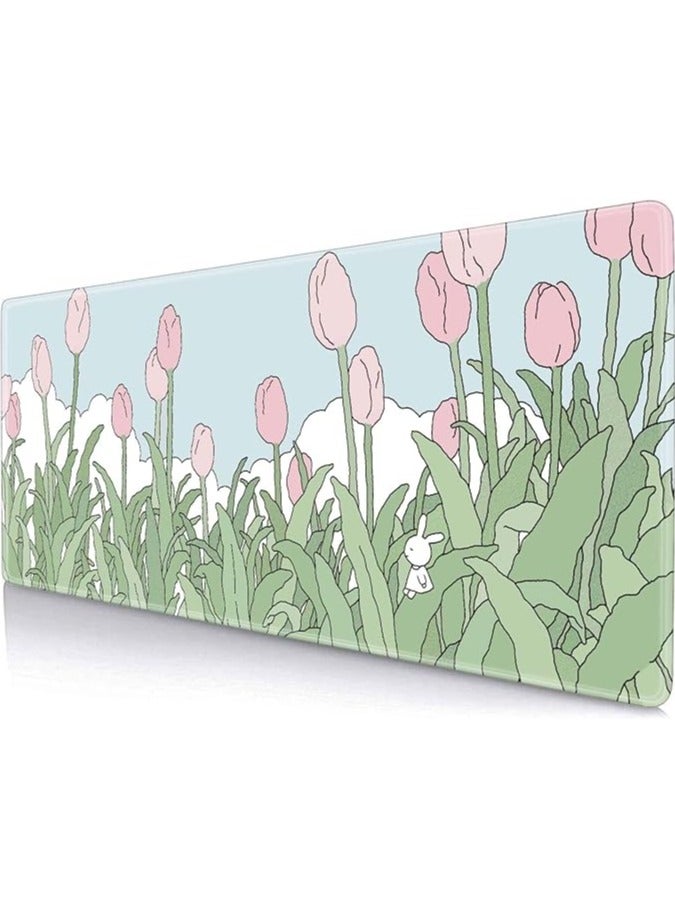 Green Tiger Pink Flowers Mouse Pad, Nature Mousepad Cute, Minimalistic Desk Mat, Bunny Anime Desk Pad, Extra Large Mouse Pad, 31.5 X 11.8 Inch, Aesthetic Wildflowers - Image 1