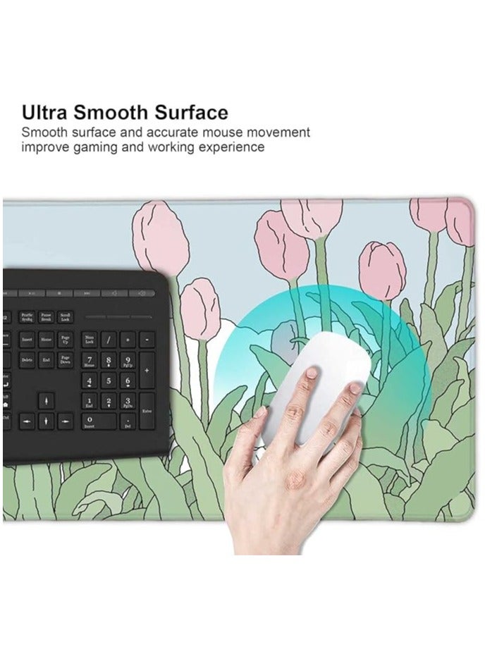 Green Tiger Pink Flowers Mouse Pad, Nature Mousepad Cute, Minimalistic Desk Mat, Bunny Anime Desk Pad, Extra Large Mouse Pad, 31.5 X 11.8 Inch, Aesthetic Wildflowers - Image 2