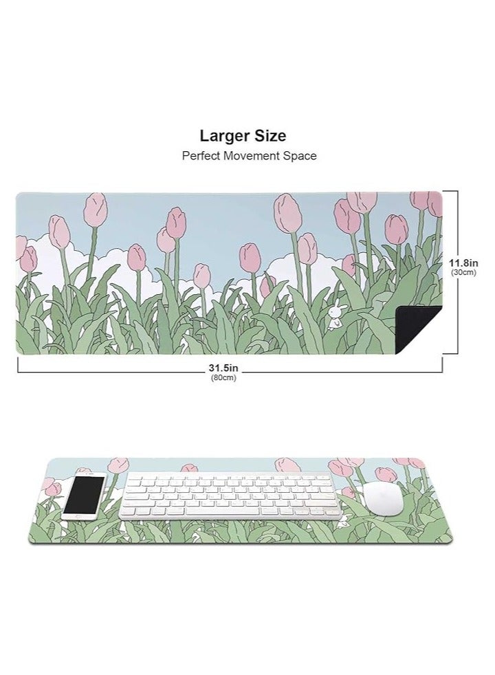 Green Tiger Pink Flowers Mouse Pad, Nature Mousepad Cute, Minimalistic Desk Mat, Bunny Anime Desk Pad, Extra Large Mouse Pad, 31.5 X 11.8 Inch, Aesthetic Wildflowers - Image 5