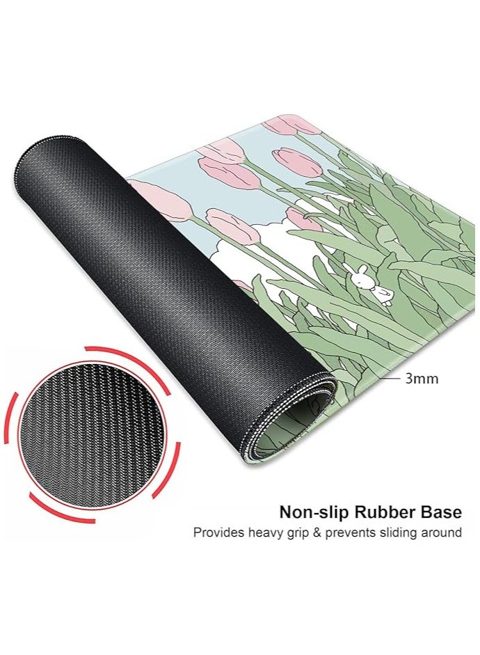 Green Tiger Pink Flowers Mouse Pad, Nature Mousepad Cute, Minimalistic Desk Mat, Bunny Anime Desk Pad, Extra Large Mouse Pad, 31.5 X 11.8 Inch, Aesthetic Wildflowers - Image 4