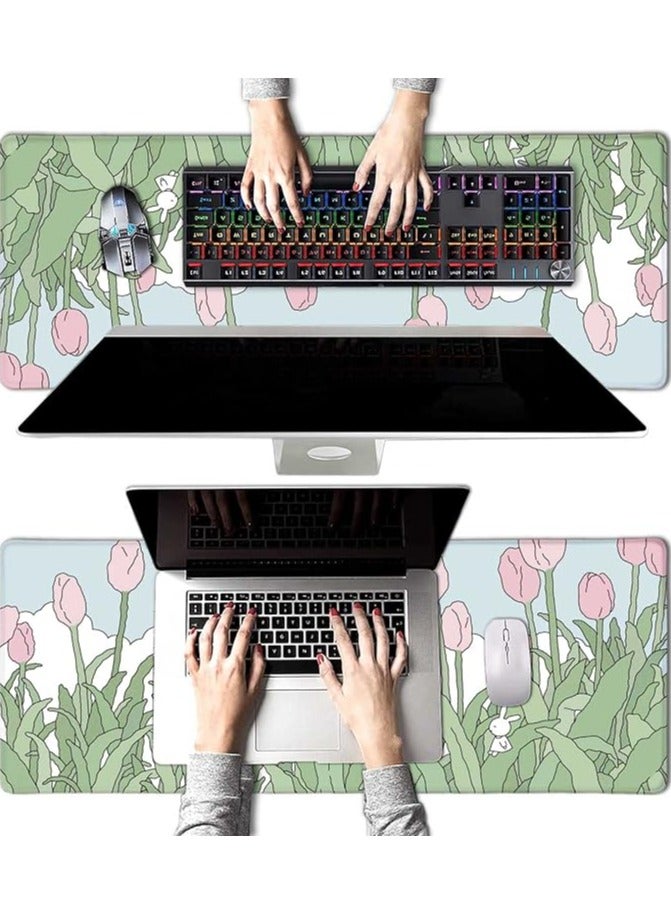 Green Tiger Pink Flowers Mouse Pad, Nature Mousepad Cute, Minimalistic Desk Mat, Bunny Anime Desk Pad, Extra Large Mouse Pad, 31.5 X 11.8 Inch, Aesthetic Wildflowers - Image 3