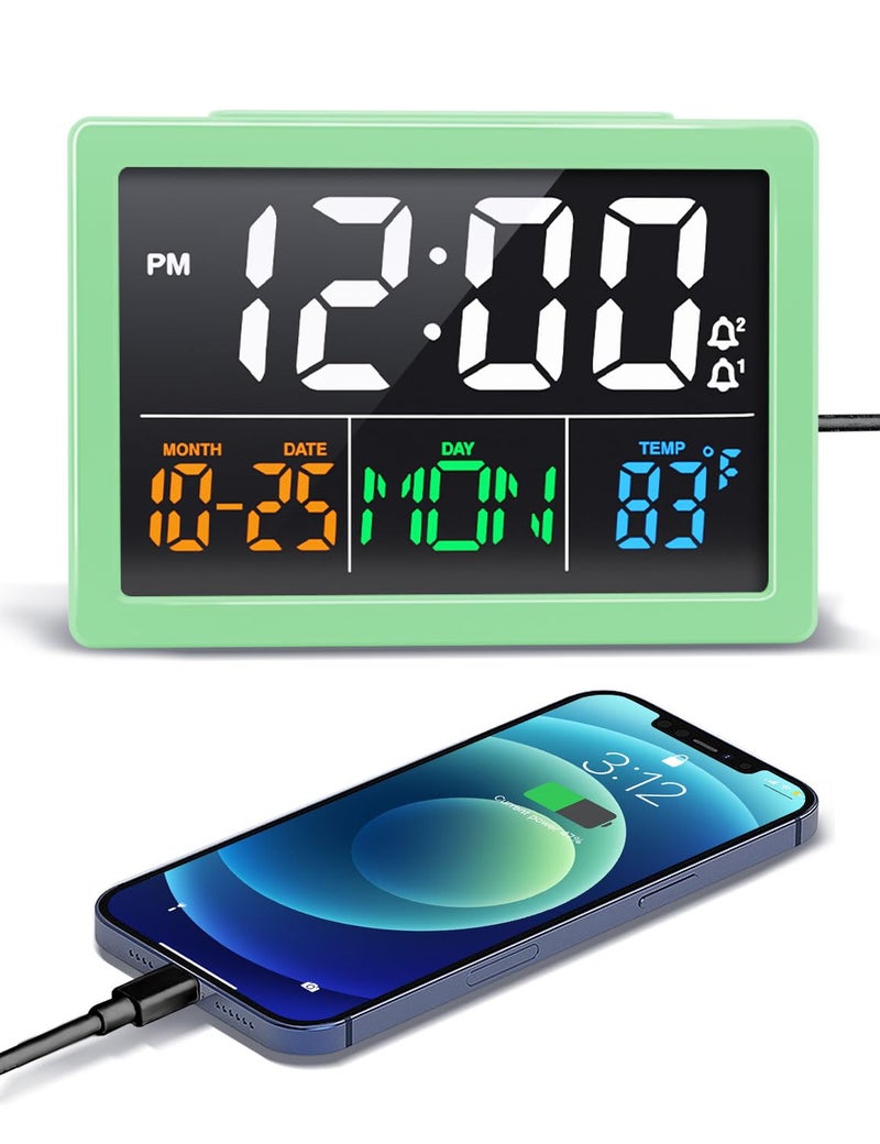 Jall Digital Alarm Clock with 55 Large LED Time Display Adjustable Alarm Volume 6 Level Brightness Alarm Settings USB Charger Temperature Detect Snooze Clocks for Bedroom Bedside Desk Green