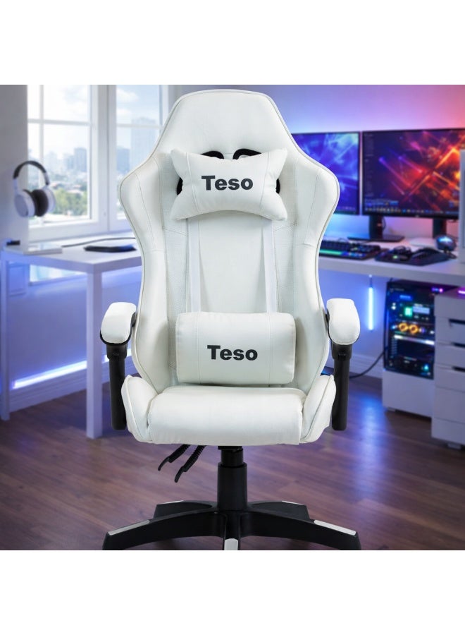 تيسو كرسي ألعاب مريح بتصميم هندسي، كرسي مكتب سباق بظهرٍ عالٍ من جلد PU مع دعم أسفل الظهر قابل للتعديل، كرسي مكتب كمبيوتر دوّار - Image 1