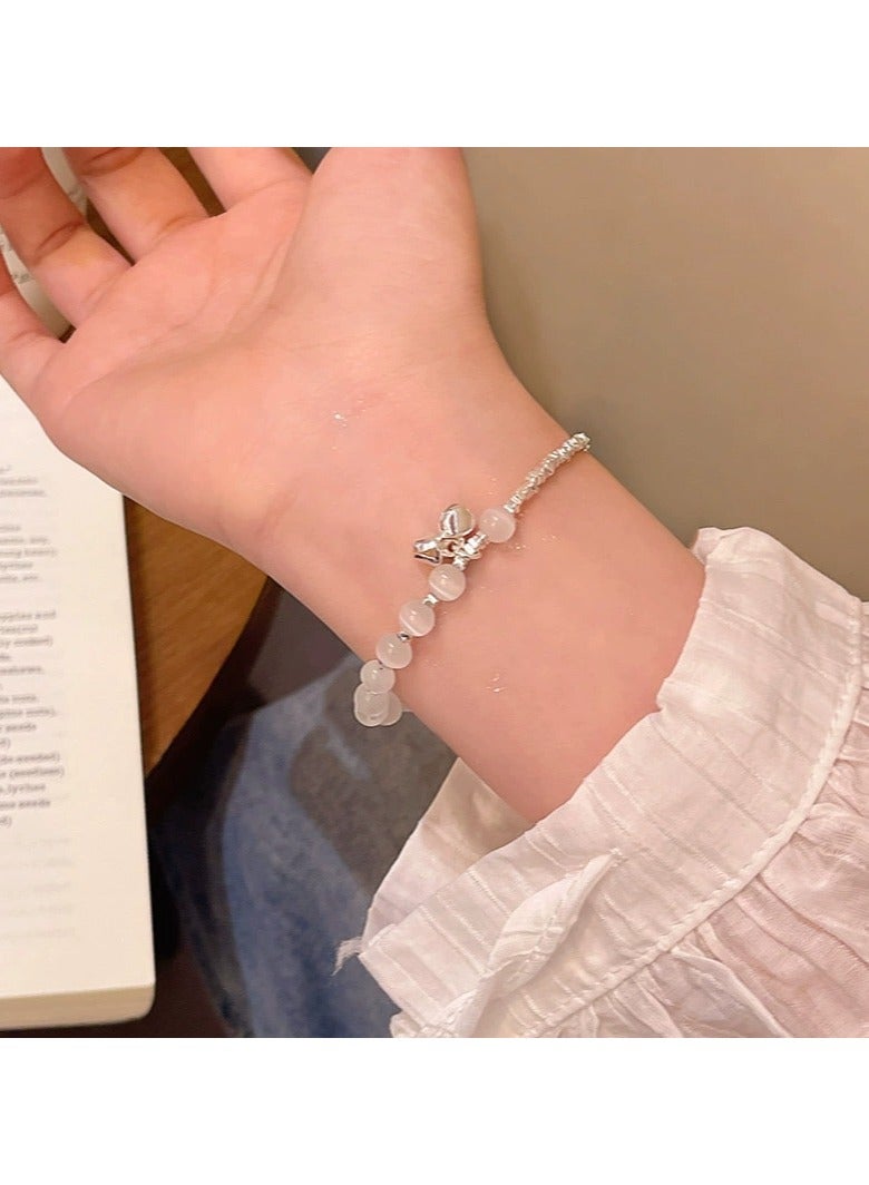 Goolsky Cat Eye Stone Bracelet for Women – Elegant Beaded Charm Bracelet with Bell & Bow, Dainty Small Luxury Jewelry, Chic Gift for Girls - Image 1
