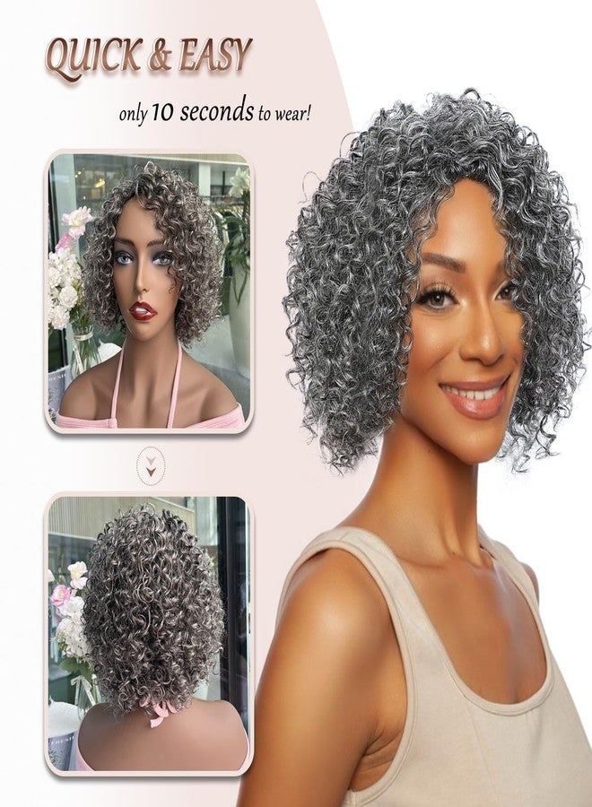 HUA Grey Wig for Women Human Hair Glueless Kinky Curly Salt and Pepper Wigs for Black Women Short Curly Wear and Go Glueless Wig for Old Lady Non-Lace Bob Gray Wigs Human Hair Mixed - Image 5