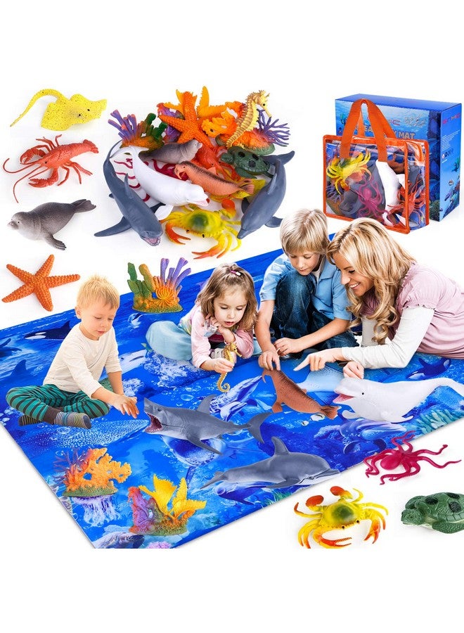 GINMIC Kids Ocean Animals Toys with Large Play Mat , 18 Pack Assorted Realistic Sea Animal Toys with Carrier Bag Including Shark, Whale, Dolphin etc, for Toddler, Boys & Girls Ages 3-8 - Image 1