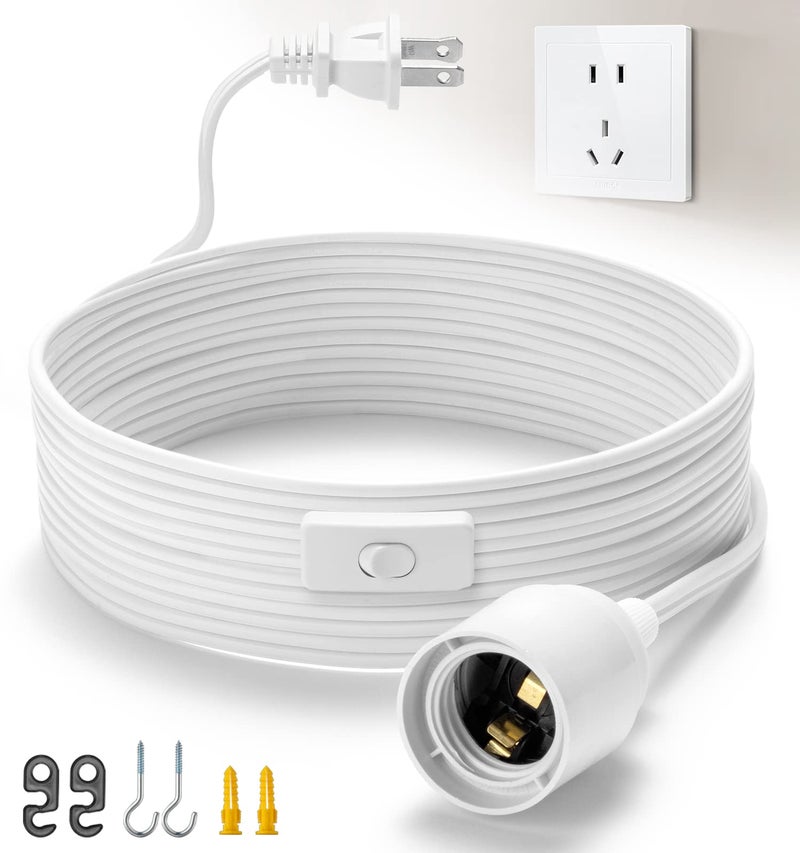 SIXZOONM Pendant Light Cord with Socket, UL 12Ft Extension Hanging Light Cord with E26 Light Socket, On/Off Switch, Polarized Plug, Hanging Lantern Cable, Light Bulb Socket with Cord (White - No Bulb) - Image 1