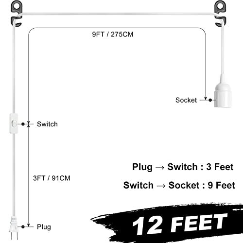 SIXZOONM Pendant Light Cord with Socket, UL 12Ft Extension Hanging Light Cord with E26 Light Socket, On/Off Switch, Polarized Plug, Hanging Lantern Cable, Light Bulb Socket with Cord (White - No Bulb) - Image 2