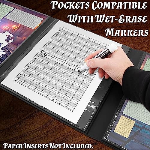 CASEMATIX DM Screen Faux Leather Embossed GM Screen - Four Panel Folding Dungeon Master Screen with Wet Erase Pockets and Compatible with Tabletop Roleplaying Games, Inserts Not Included, Black - Image 5