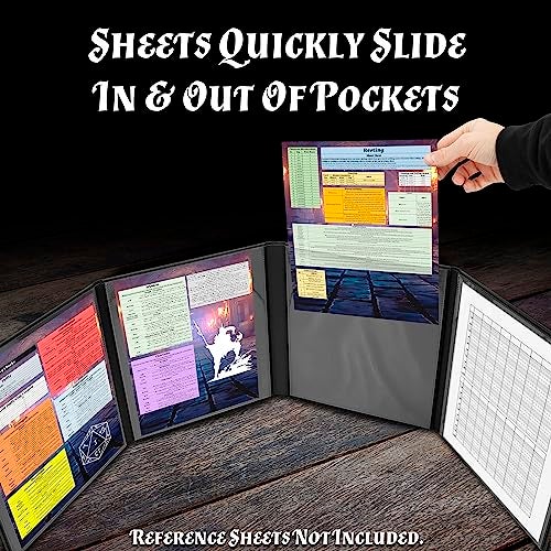 CASEMATIX DM Screen Faux Leather Embossed GM Screen - Four Panel Folding Dungeon Master Screen with Wet Erase Pockets and Compatible with Tabletop Roleplaying Games, Inserts Not Included, Black - Image 4