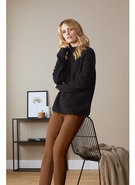 Women Mock Neck Long Sleeves Ribbed Sweater, Black