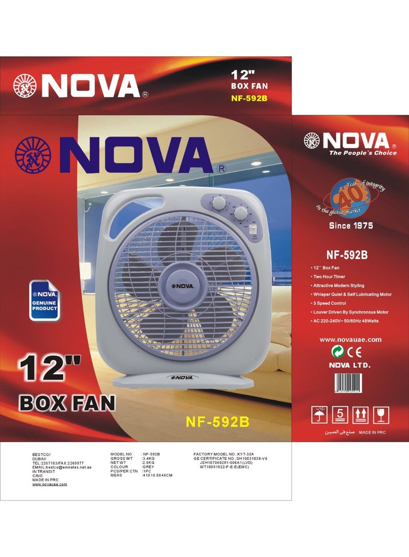 NOVA NF-592B 12" Box Fan with 3-Speed Settings, Quiet Copper Motor & 2-Hour Timer for Home Cooling - Image 2