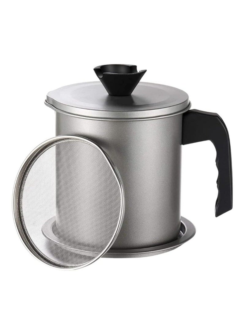Stainless Steel Oil Strainer Pot with Fine Mesh Lid, Oil Filter and Dust Prevention, Non-Slip Bottom and Ergonomic Handle, Safely Store and Reuse Oil and Grease in Kitchen (1.4L) - Image 1