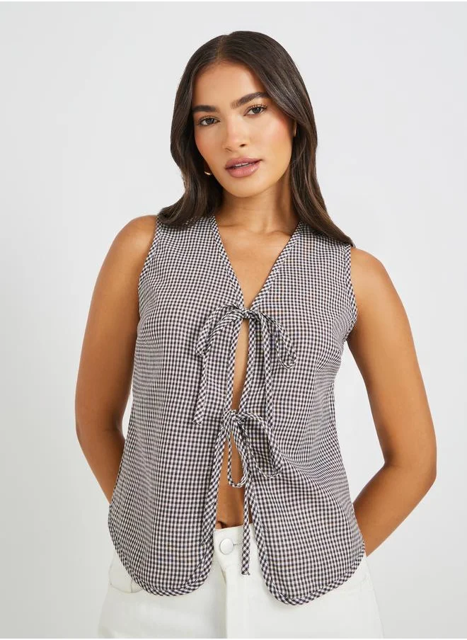 ستايلي Styli Gingham Print Tie-Up Detail  Sleeveless Top