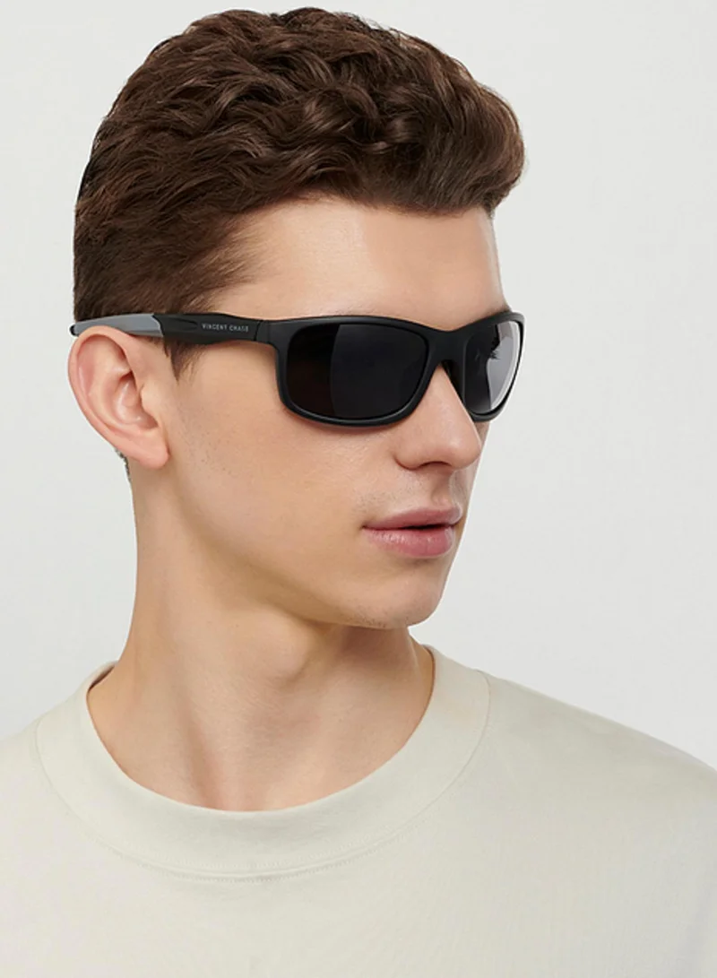 VINCENT CHASE VINCENT CHASE EYEWEAR By Lenskart | Grey Black Full Rim Rectangle Stylish Sunglasses | Polarized and UV Protected | For Men and Women | Large | VC S14116-Pack of 1