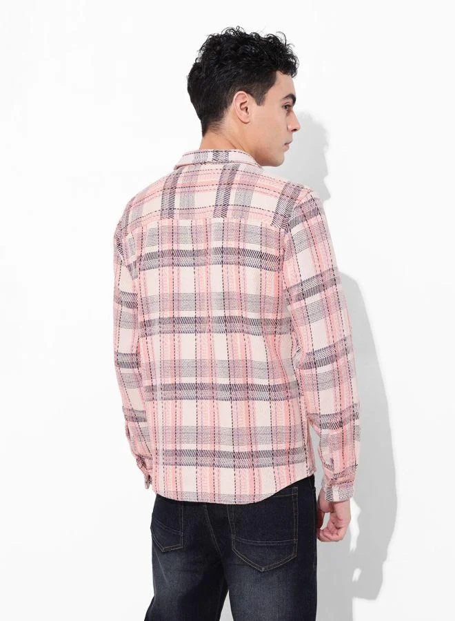 شركة المرآب الهندية Men Regular Fit Checked Cutaway Collar Full Sleeves Shirt