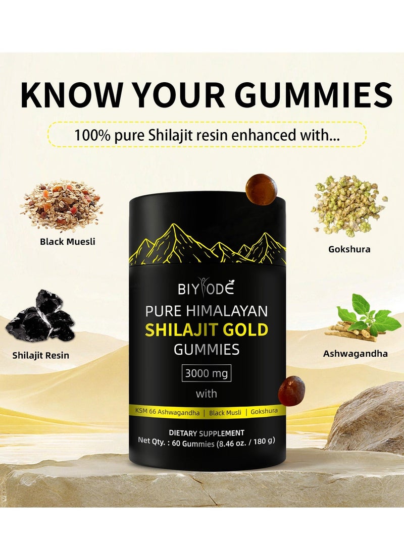 BIYODE Pure Himalayan Shilajit Gummies Gold I Lab Tested I No Added Sugar I Ashwagandha, Gokshura| Fulvic Acid & 85+ Trace Minerals I for Men, Women I Non-GMO I 100% Natural & Organic I 60 Gummy  - Image 3