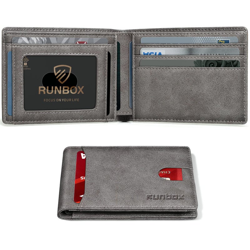 RUNBOX محفظة RUNBOX النحيفة للرجال جلد مزدوج مع حجب RFID مع علبة هدايا رمادية - Image 1