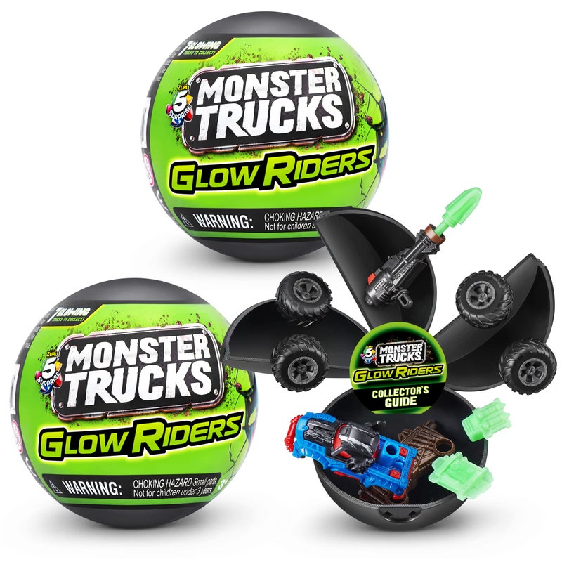 5 Surprise Monster Trucks Glow Riders Series 2 by ZURU (2 Pack) Glow in The Dark, Miniature Mystery Collectible Capsules, Mini Toy Truck, Battle Toys for Boys, Kids, Teens - Image 1