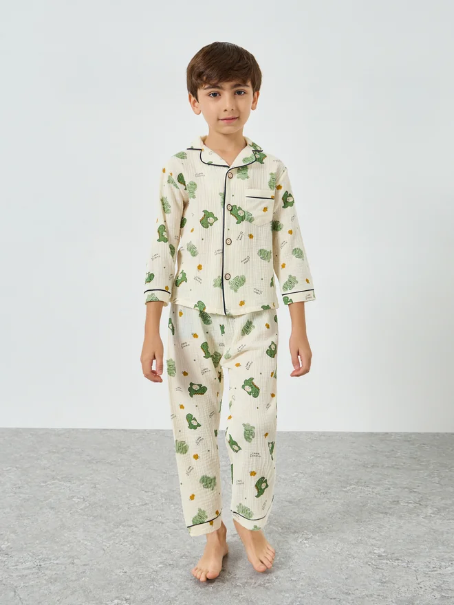 ستايلي Styli Boys Dino Print Button Front Shirt and Pjyama Set