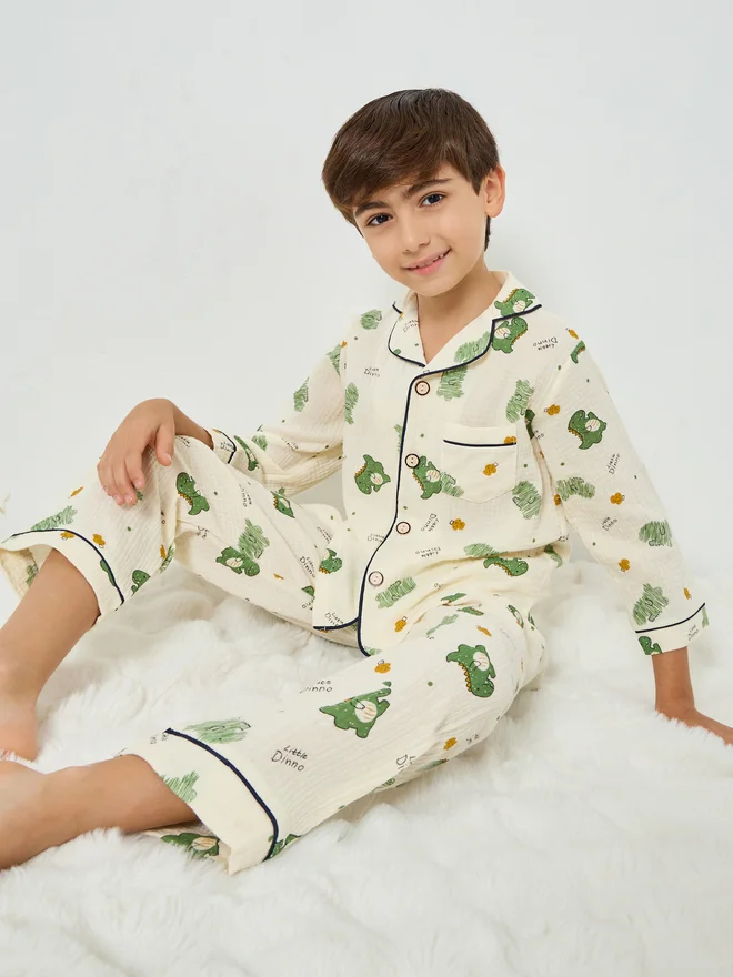 ستايلي Styli Boys Dino Print Button Front Shirt and Pjyama Set