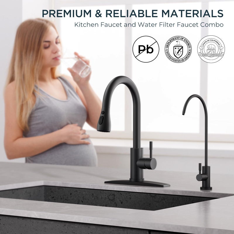 FORIOUS Kitchen Faucet and Water Filter Faucet Combo, Black Stainless Steel Bar Faucet Pull Down Sprayer and Drinking Purifier Faucet for Kitchen Sink RV Farmhouse Camper - Image 3