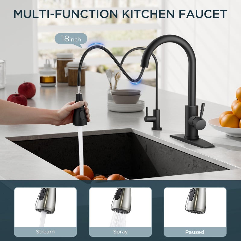 FORIOUS Kitchen Faucet and Water Filter Faucet Combo, Black Stainless Steel Bar Faucet Pull Down Sprayer and Drinking Purifier Faucet for Kitchen Sink RV Farmhouse Camper - Image 5