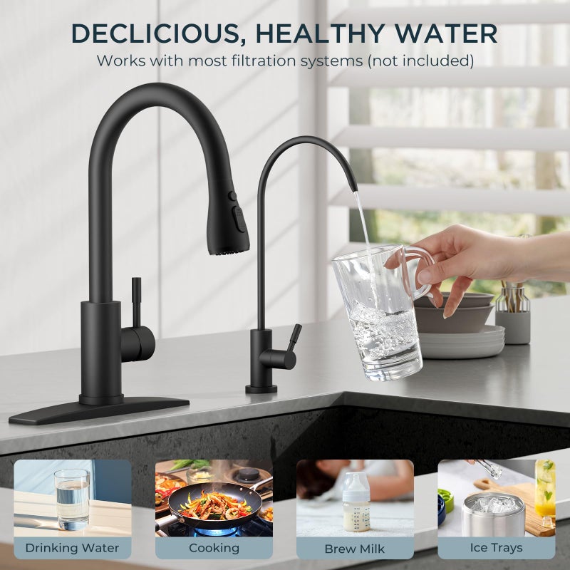 FORIOUS Kitchen Faucet and Water Filter Faucet Combo, Black Stainless Steel Bar Faucet Pull Down Sprayer and Drinking Purifier Faucet for Kitchen Sink RV Farmhouse Camper - Image 4