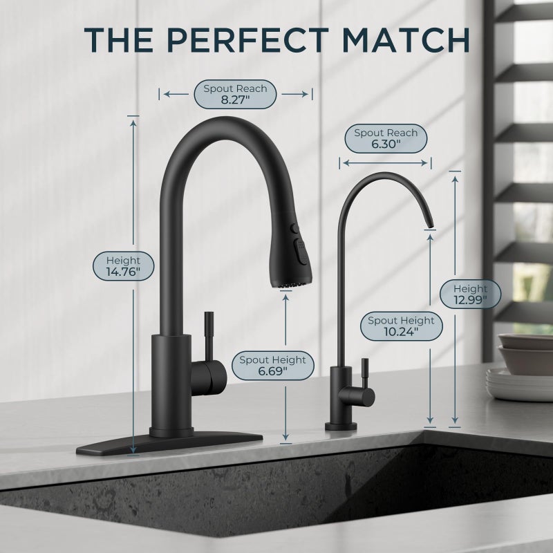FORIOUS Kitchen Faucet and Water Filter Faucet Combo, Black Stainless Steel Bar Faucet Pull Down Sprayer and Drinking Purifier Faucet for Kitchen Sink RV Farmhouse Camper - Image 2