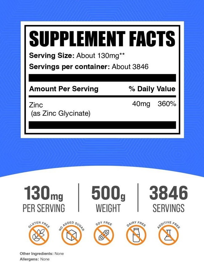 BulkSupplements .com Zinc Glycinate Powder - Zinc Supplements, Zinc 40mg, Zinc Powder - Zinc Mineral Supplement, for Immune Support - Gluten Free, 130mg per Serving, 500g (1.1 lbs) - Image 2