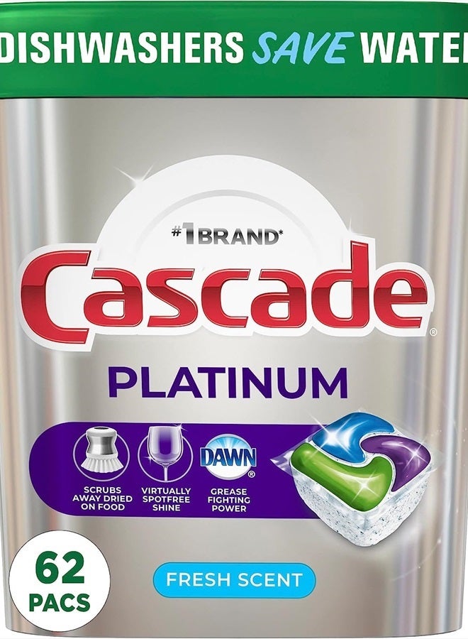 Cascade Platinum Dishwasher Pods, Detergent, Soap Pods, Actionpacs with Dishwasher Cleaner and Deodorizer Action, Fresh, 62 Count  - Image 1
