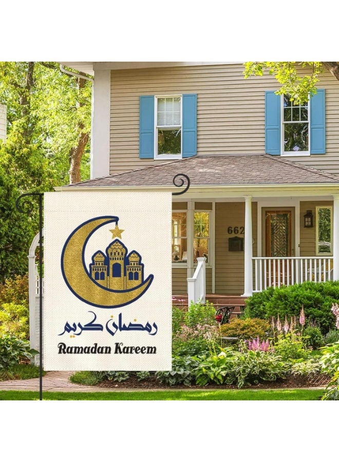Bluejw Eid Mubarak Garden Flag 12x18 Inch Ramadan Kareem Muslim Yard Flags with Golden Moon Mosque Lantern Stars Islamic House Banner for Spring Eid Celebration Home Porch Lawn Patio Decor - Image 4