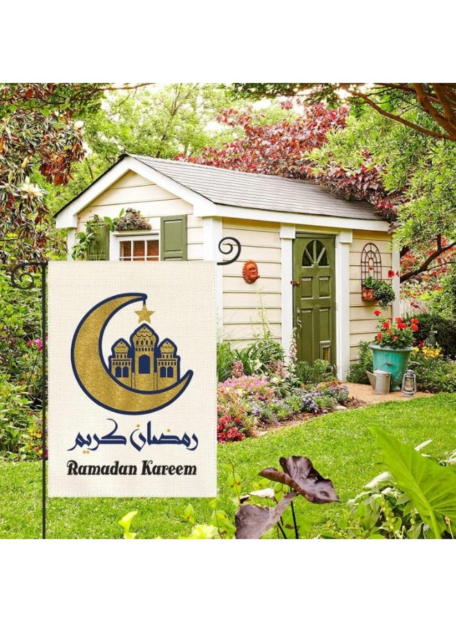 Bluejw Eid Mubarak Garden Flag 12x18 Inch Ramadan Kareem Muslim Yard Flags with Golden Moon Mosque Lantern Stars Islamic House Banner for Spring Eid Celebration Home Porch Lawn Patio Decor - Image 3