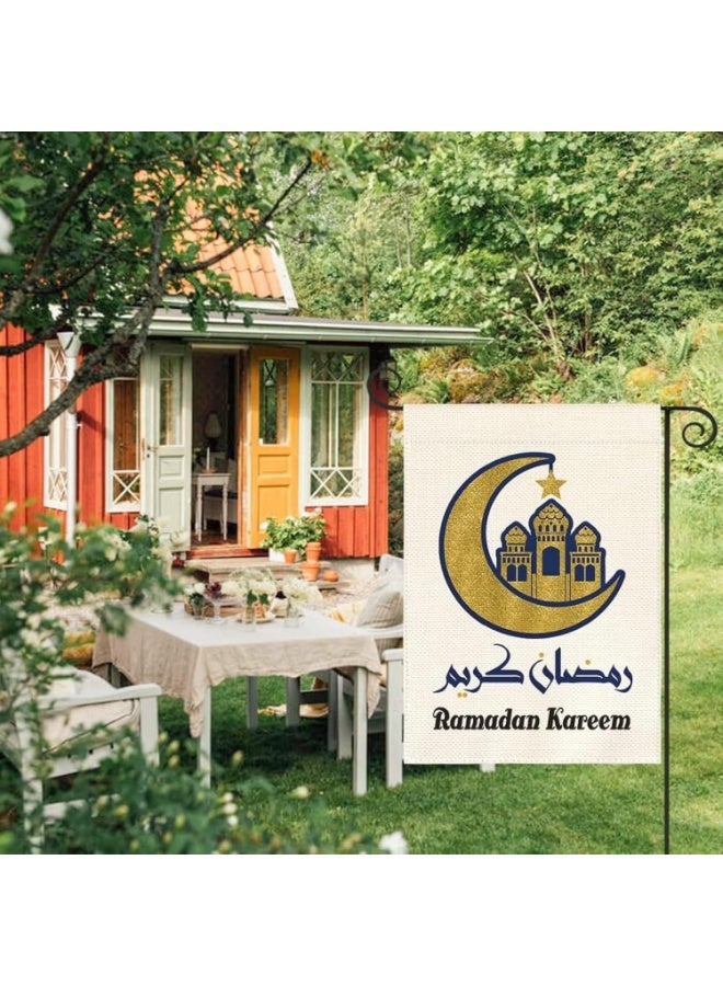 Bluejw Eid Mubarak Garden Flag 12x18 Inch Ramadan Kareem Muslim Yard Flags with Golden Moon Mosque Lantern Stars Islamic House Banner for Spring Eid Celebration Home Porch Lawn Patio Decor - Image 2