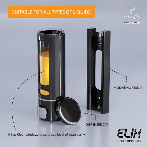 Pixaflo Elix Liquid Sanitizer Shower Gel Dish Wash Soap Dispenser for Bathroom Kitchen | 400 ml Capacity | Wall Mounted (Black, Pack of 1), Plastic - Image 3