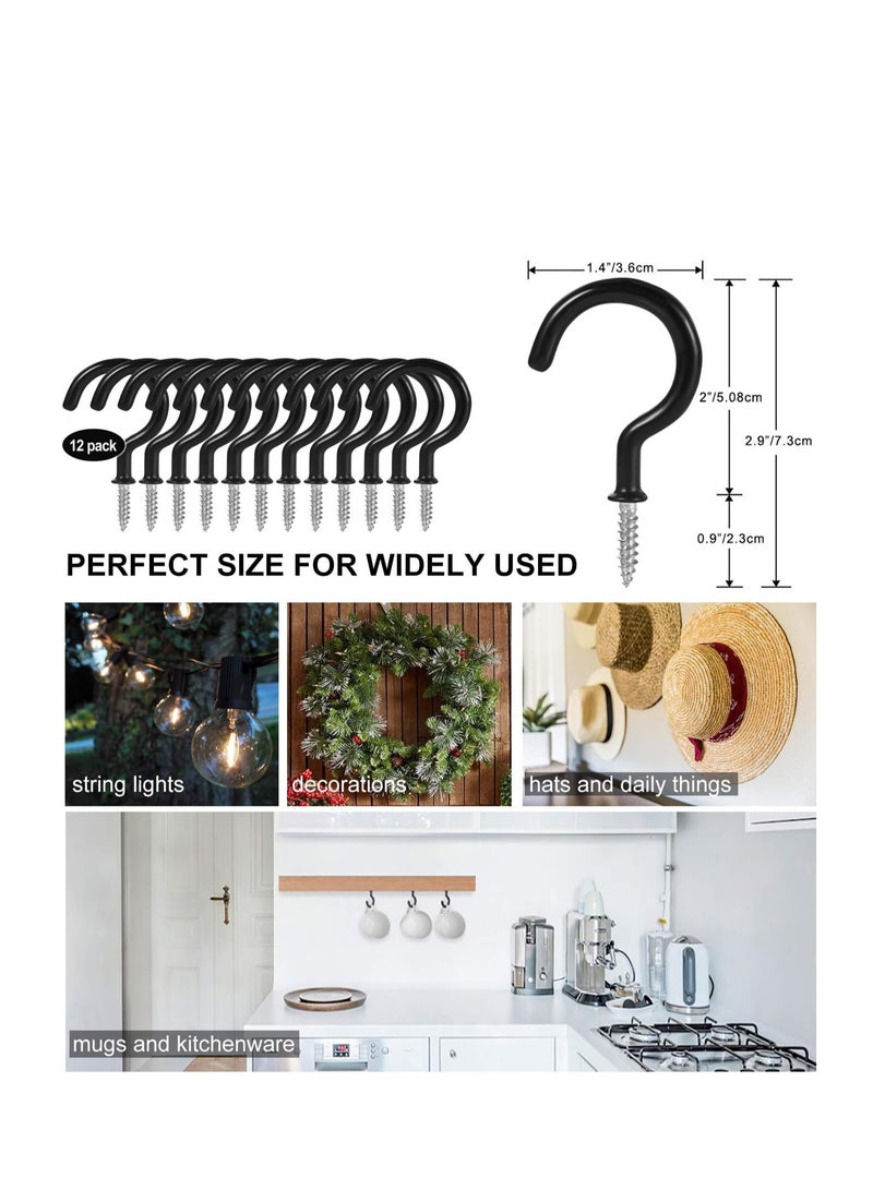 Yakumuz 2 Inch Ceiling Hooks, Yakumuz Screw-in Cup Hooks, Vinyl Coated Screw Hooks for Hanging Plants Lights Mugs Heavy Duty Indoor Outdoor Use, Screw in Metal Wall Hooks Kitchen Hanger, Black (12 Pack)  - Image 2