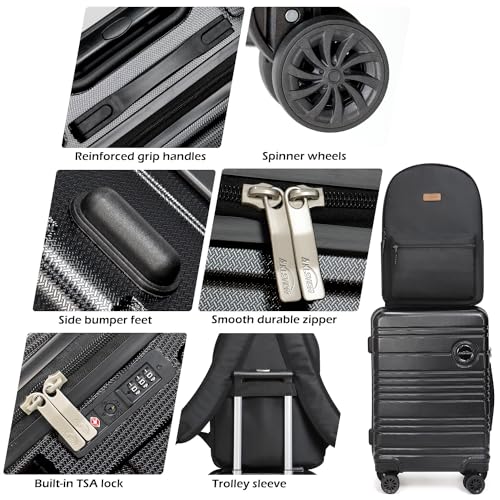 Aklsvion ABS+PC Carry on Luggage set with backpack 3 Pcs suitcace with Spinner wheels TSA Lock 20-In hardshell Lightweight Luggage set(Black) - Image 3