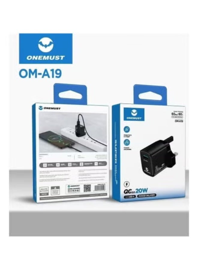 OM A19 20W Fast Charger Adapter – 1x USB-A Quick Charging Plug with Smart Power Delivery, Compact & Lightweight Wall Charger for Smartphones, Tablets, Power Banks & Other USB Devices – Travel-Friendly Universal USB Power Adapter – White - Image 1