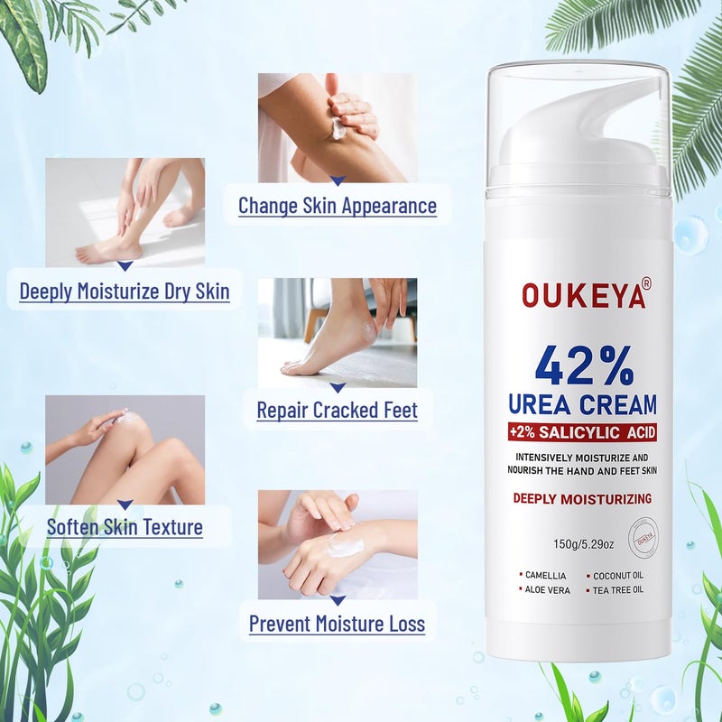 OUKEYA Urea Cream 42% plus Salicylic Acid 2% Intensive Repair Treatment for Cracked Skin on Hands, Heels, Elbows, and Lips - Relief for Dry Feet - Enhanced Pump Dispenser Packaging 2 Pack - Image 2
