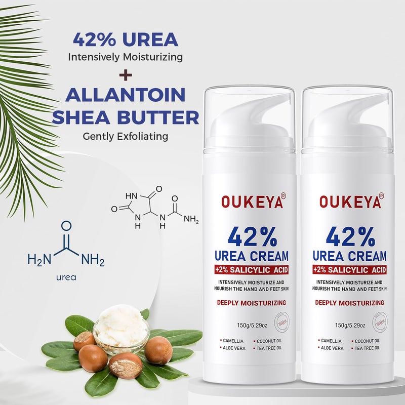 OUKEYA Urea Cream 42% plus Salicylic Acid 2% Intensive Repair Treatment for Cracked Skin on Hands, Heels, Elbows, and Lips - Relief for Dry Feet - Enhanced Pump Dispenser Packaging 2 Pack - Image 4