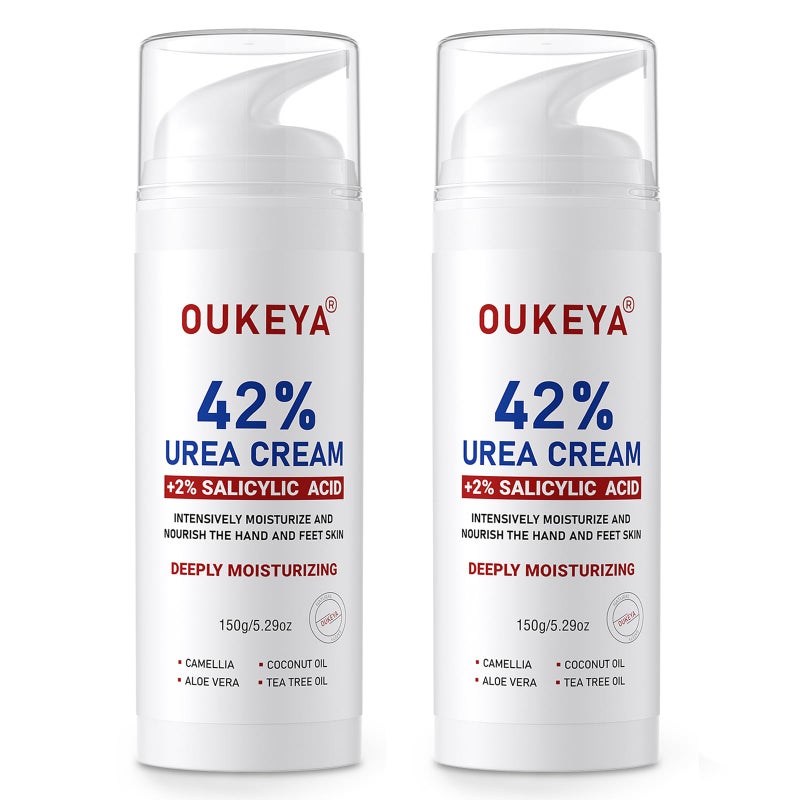 OUKEYA Urea Cream 42% plus Salicylic Acid 2% Intensive Repair Treatment for Cracked Skin on Hands, Heels, Elbows, and Lips - Relief for Dry Feet - Enhanced Pump Dispenser Packaging 2 Pack - Image 1