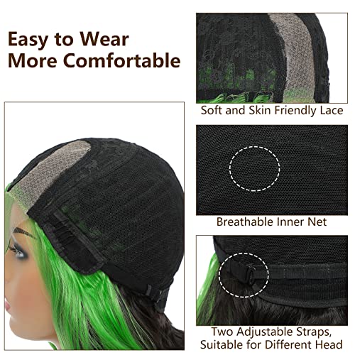 xccoco 30" Long Wavy Highlight Wigs Skunk Stripe Body Wave Synthetic Lace Wig Side Part Black Wig with Green Streaks Highlighted Wig for Women - Image 4