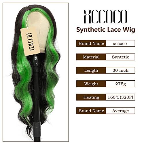 xccoco 30" Long Wavy Highlight Wigs Skunk Stripe Body Wave Synthetic Lace Wig Side Part Black Wig with Green Streaks Highlighted Wig for Women - Image 3