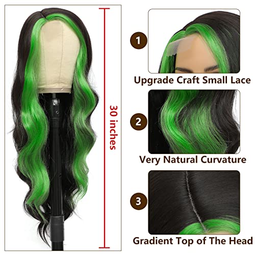 xccoco 30" Long Wavy Highlight Wigs Skunk Stripe Body Wave Synthetic Lace Wig Side Part Black Wig with Green Streaks Highlighted Wig for Women - Image 5